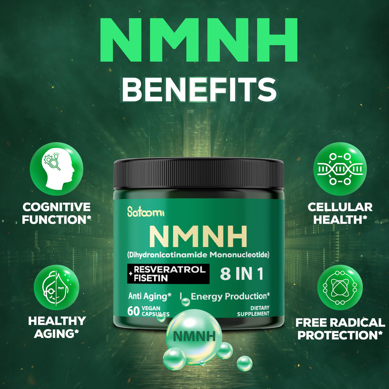 Satoomi 8in1 NMNH - NMN Supplement Alternative - NAD Supplement to Support NAD Levels Added Fisetin, Resveratrol, Quercetin, Turmeric, Berberine, Vitamin D3 & C - 60 Count for 30 Days Green 8in1