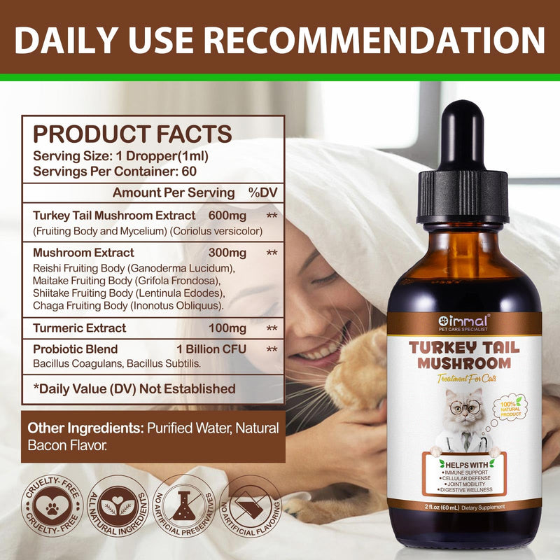 Turkey Tail Mushroom for Cats - Critical Immune Defense Cats, Turkey Tail Mushroom Liquid Extract for Immune & Digestive Drops for Pet, with 5X Mushrooms, Turmeric & Probiotic 2 oz for cat