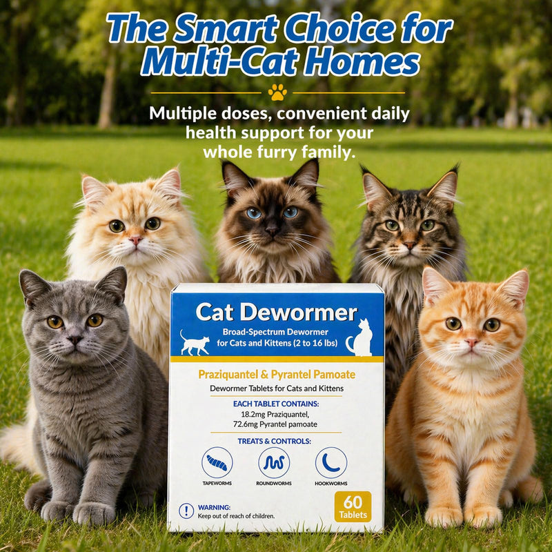 Broad Spectrum Cat & Kitten Dewormer – Praziquantel & Pyrantel Pamoate for Tapeworms, Roundworms & Hookworms (60 Tablets)
