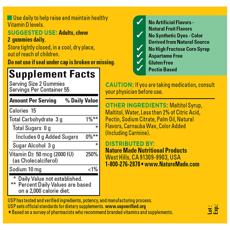 Nature Made Zero Sugar Vitamin D3 Gummies 2000 IU (50 mcg) per Serving, Immune, Bone, Teeth & Muscle Support Supplement, 110 Sugar Free Vitamin D Gummies, 55 Day Supply - BeesActive Australia