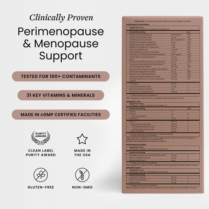 Perelel Perimenopause Support Vitamins for Women, Multivitamin and Omega 3 | Womens Nutrition Support & Overall Wellness, L-Theanine, Ashwagandha, & Berberine, Gluten Free, Non-GMO, 30 Daily Pill Packs