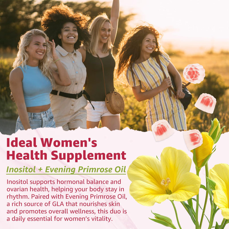 Inositol Gummies for Women + Evening Primrose Oil, Myo & D-Chiro 40:1 Ratio | Sugar Free Myo-Inositol Supplement with Vitamin D3 B6 B12 & Zinc, Hormone Gummies for Women's Daily Wellness, Vegan, 60Ct 60 Count (Pack of 1)