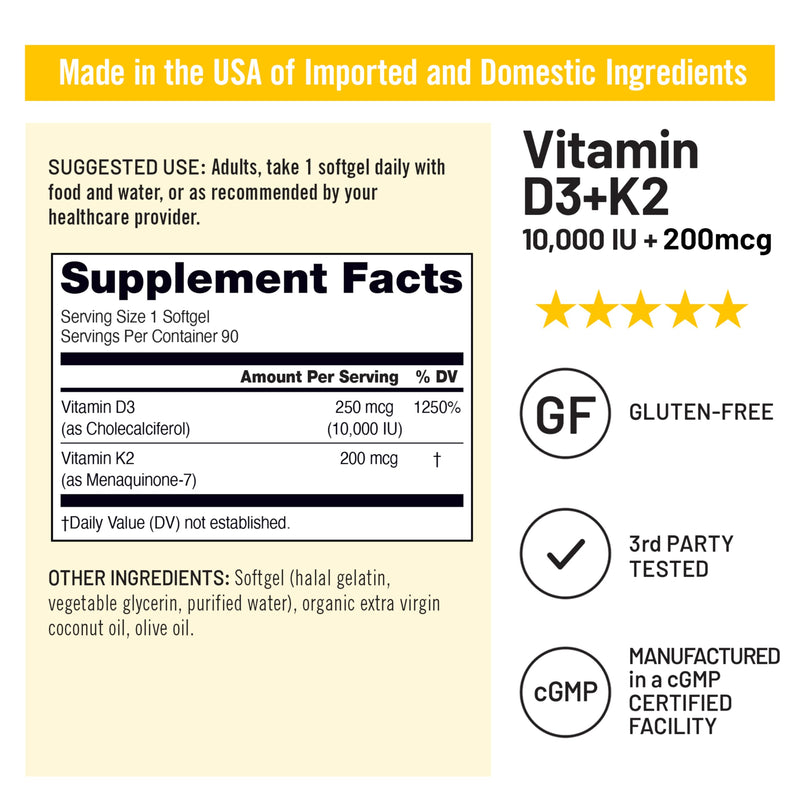 NatureWise Vitamin D3 10000IU + K2 MK-7 200mcg Supplement, 90 Softgels | D3 K2 as MK-7 Supplement - Organic Extra Virgin Coconut Oil - Calcium Absorption & Immune Health Support - 3-Month Supply 90 Count (Pack of 1)