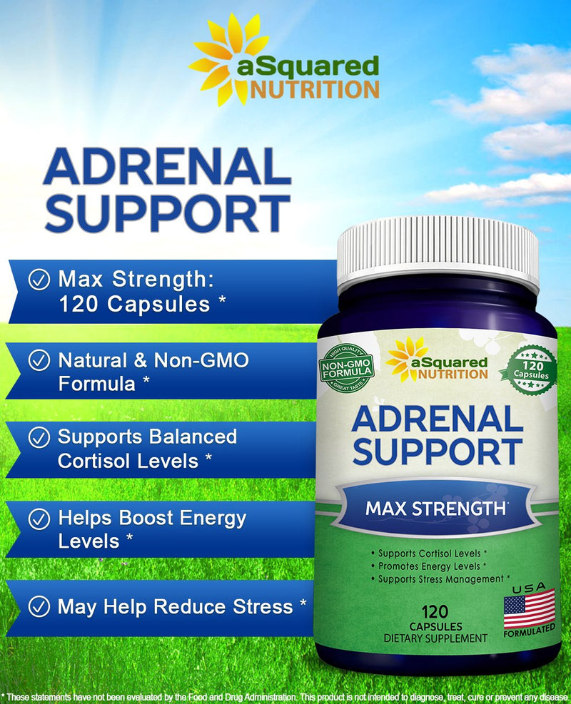aSquared Nutrition Adrenal Support & Cortisol Manager Supplement (120 Capsules)-Adrenal Health w/Vitamin C Complex Pills to Support Fatigue & Stress Relief-Ashwagandha, L-Tyrosine, Rhodiola & Ginseng