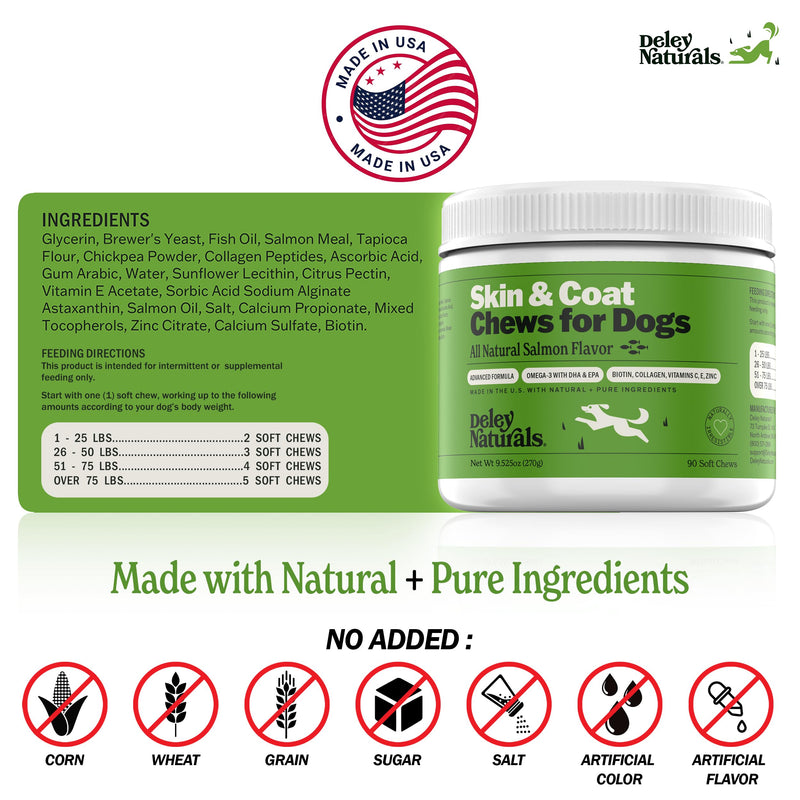 Deley Naturals Dog Allergy Chews - Omega 3 Fish Oil for Dogs with DHA & EPA, Biotin, Collagen, Vitamins C, E, & Zinc, Supports Shiny Coat - Dog Itching Relief Salmon Flavor - Dry Skin Relief for Dogs - PawsPlanet Australia