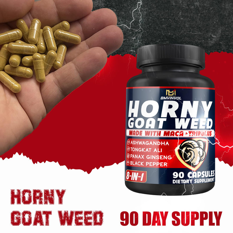 BMVINVOL Horny Goat Weed for Men - Extra Strength Supplement with Maca, Ginseng, Tribulus Terrestris, Ashwagandha - 90 Capsules