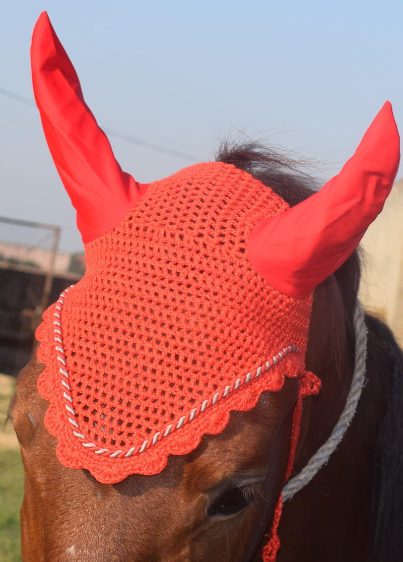Horse Ear Bonnet Ear Net Hat Fly Bonnet Hood Mask Fly Veil Full Hand Made Cotton (Horse/Full, RED) Horse / Full - BeesActive Australia