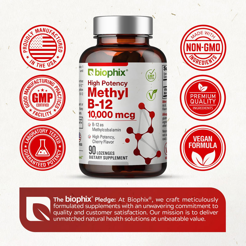 biophix Methyl B-12 10000 mcg 90 Vegan Lozenges Cherry Flavor Extra Strength - Supports Nervous System Immune Health Blood Flow Metabolism Brain Focus Energy