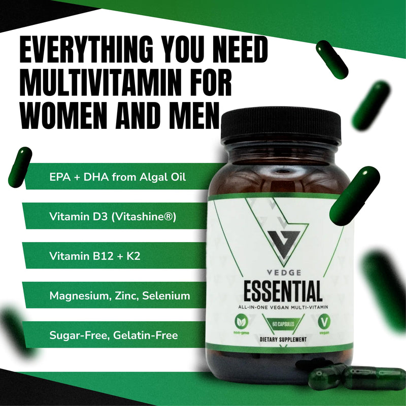 VEDGE Vegan Omega 3 Supplement, Vegan Multivitamin, Women and Men, 30 Day | Omega 3, Plant Based Algal EPA And DHA With Vitamin D3, B12, K2, Magnesium, Zinc, Selenium, Vitamin Supplements, Daily Supply