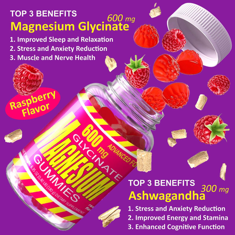 Magnesium Glycinate 400mg Gummies Complex with L-Threonate, Ashwagandha, Vitamin D & B6, CoQ10, Potassium, Calcium, Stress Relief, Sleep Gummies for Women & Men, 120 CT for 4 Months Supply