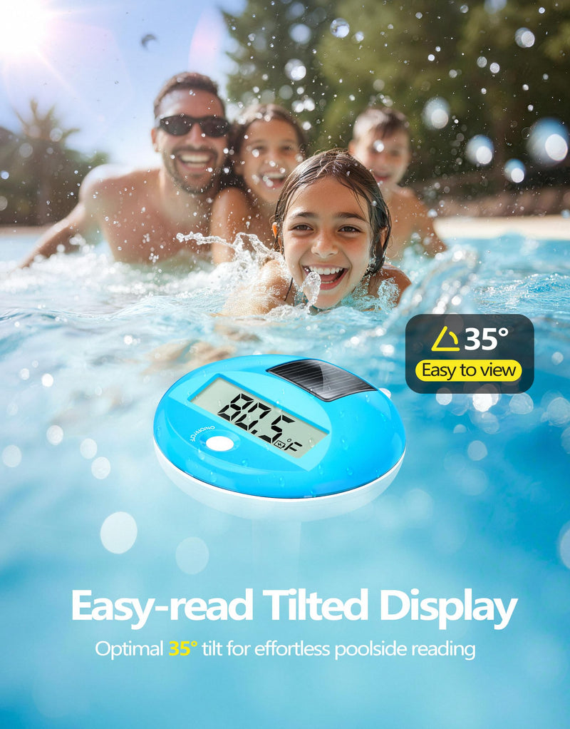 LuxBlue Floating Pool Thermometer Solar Powered | Large LCD Display- Easy to Read | IP68 Waterproof Digital Pool Thermometer with String | Ultra-Precise Pools Water Temperature Gauge for Hot Tub, Spa