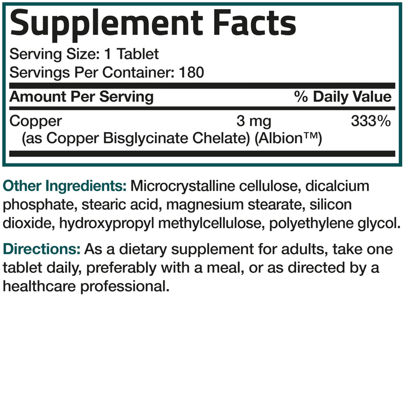 Bronson Copper Glycinate 3mg Chelated Superior Absorption Non-GMO, 180 Vegetarian Tablets