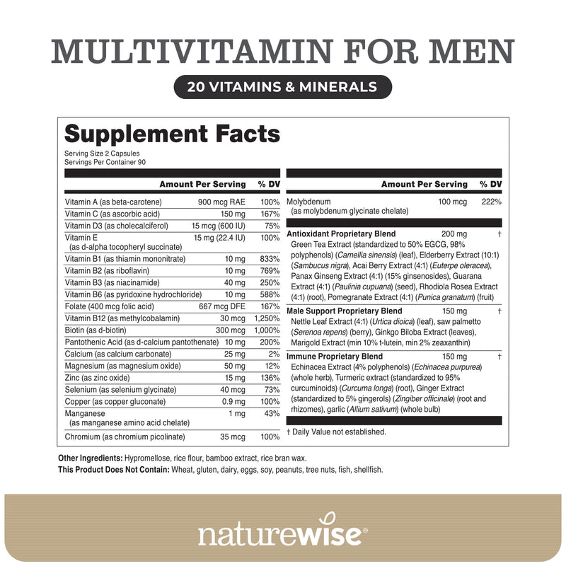 NatureWise Multivitamin for Men - Daily Male Support - Minerals & Herbs for Energy, Performance, Immunity - with Vitamin A, C, D, B-Complex - Soy & Gluten-Free, Non-GMO - 180 Capsules[3-Month Supply] Unflavored 180 Count (Pack of 1)