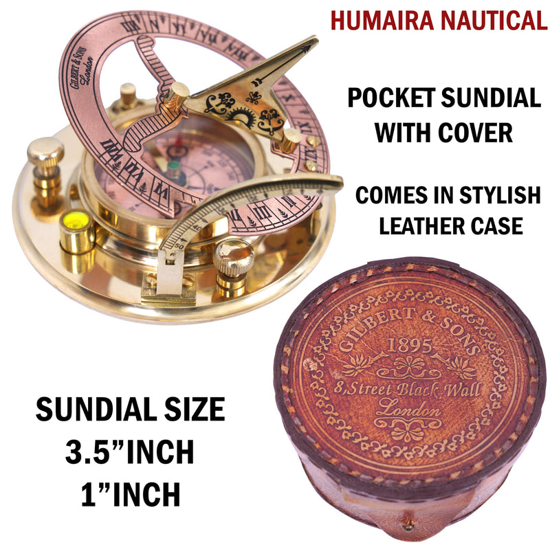 Humaira Nautical Vintage Brass Sundial Compass with Copper Dial & Leather Box Handmade Sun Clock Maritime Navigation Compass Gift - BeesActive Australia