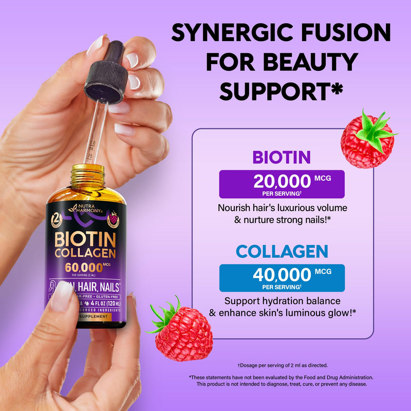 Liquid Biotin & Collagen 60,000mcg - Biotin for Hair Growth Support - 4 Oz | Liquid Collagen Supplement & Biotin - Extra Strength Drops for Women & Men - Strong Nails & Healthy Skin - Raspberry Flavor 4 Fl Oz (Pack of 1)