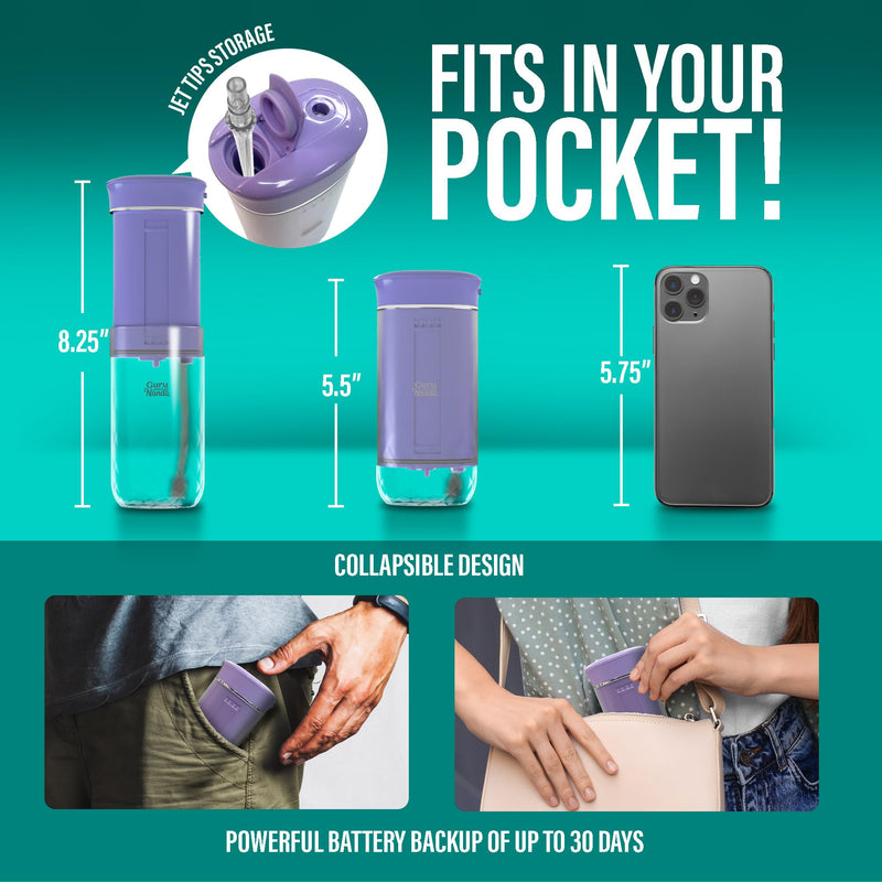 GuruNanda Compact Water Dental Flosser, Portable Travel Size Oral Irrigator Flosser with Collapsible 180 ml Tank, Smart Timer, 4 Flossing Modes, TSA-Approved - Lavender - BeesActive Australia