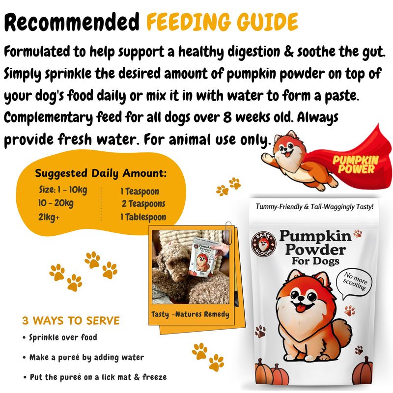 Bark & Bloom Pumpkin Powder for Dogs - Natural Fibre, Prebiotic Supplement & Gut Health Treat. Alternative to Puree, Canned Pumpkin for dogs, Ideal Natural Dog Treat and food topper stool firm