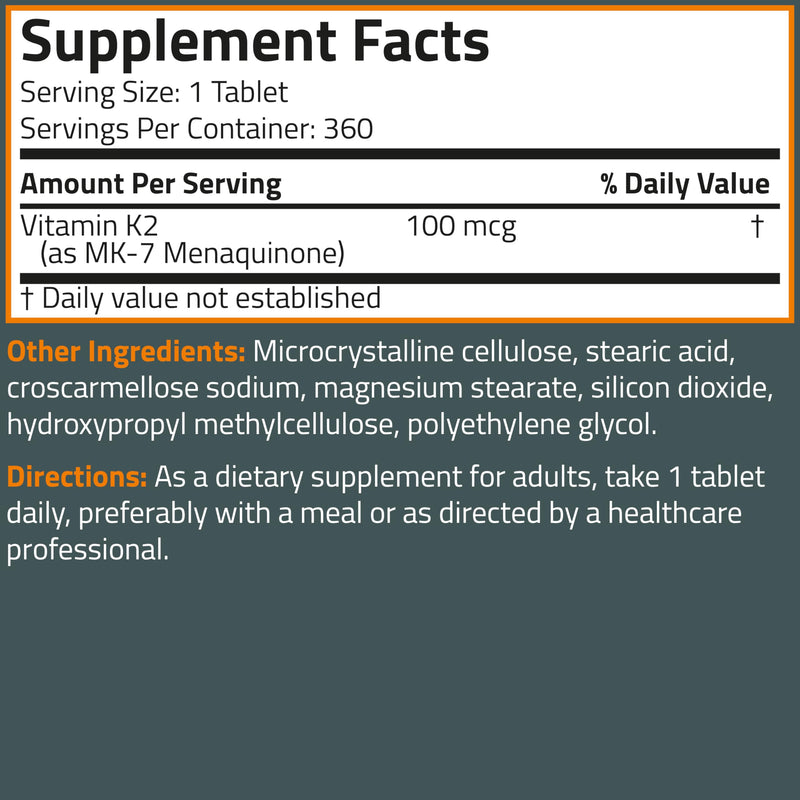 Bronson Vitamin K2 MK-7 100 mcg, K2 as MK7 Menaquinone, 360 Tablets | Helps Transport Calcium to Bones, Biologically Active Longer than Vitamin K1, Non-GMO, Gluten-Free & Soy-Free Unflavored 360 Count (Pack of 1)