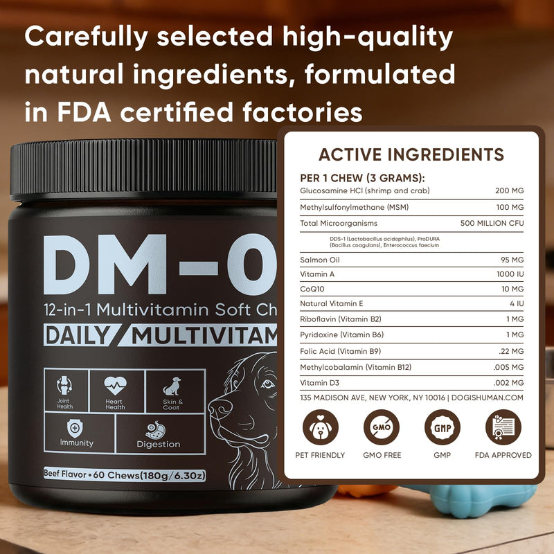 Daily Multivitamin for Dogs, Multivitamin Itch Relief Chews with Folic Acid, Salmon Oil, Probiotics & Vitamins, Skin and Coat Healthy, Gut Health & Boost Immunity, Beef Flavor, 60 Chew (1) 1