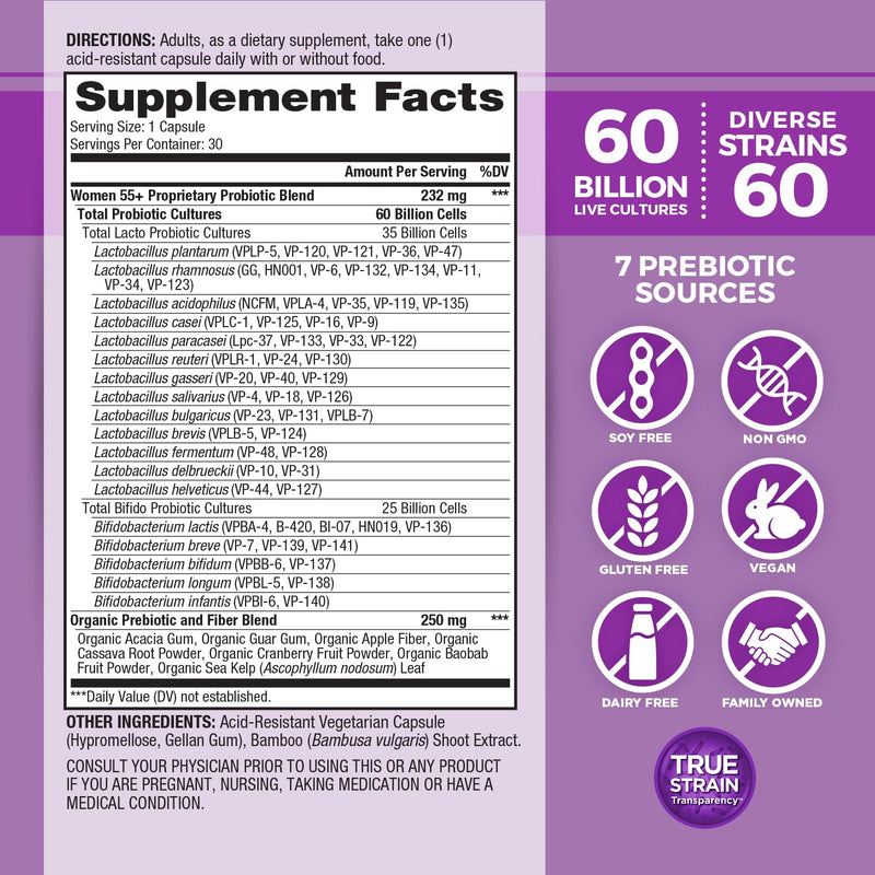 Vital Planet - Vital Flora Women Over 55 Daily Probiotic, 60 Billion CFU, Diverse Strains, Organic Prebiotics, Vaginal and Immune Support, Digestive Health Probiotics for Women 30 Capsules