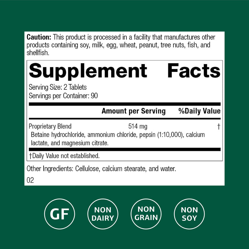 Standard Process Betaine Hydrochloride GI pH Support, 180 Tablets | Supplement for Gastrointestinal pH Support, Support Digestive Health and Iron Absorption, Gluten-Free, Non-Dairy and Non-Soy