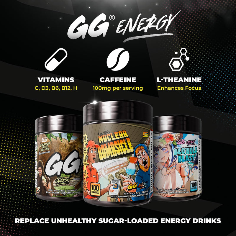 Gamer Supps GG Energy - CaseOh's Nuclear Bombsicle by CaseOh (100 Servings) - Keto Friendly Gaming Energy and Nootropic Blend, Sugar Free + Caffeine + Vitamins + Immune Support, Powder Drink