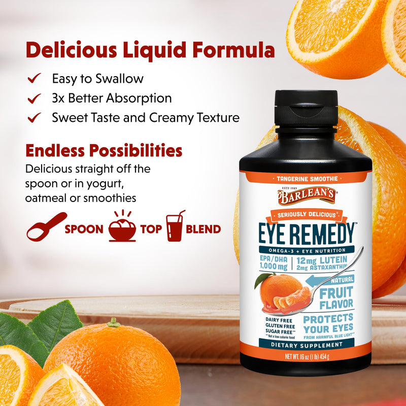 Barlean's Tangerine Omega-3 Eye Remedy Fish Oil, 1000mg EPA & DHA, 16oz | Lutein, zeaxanthin, astaxanthin, eye and vision support, EPA DHA omega-3, tangerine smoothie, blue light, non-GMO Eye Remedy - Tangerine Smoothie 16 Fl Oz (Pack of 1)