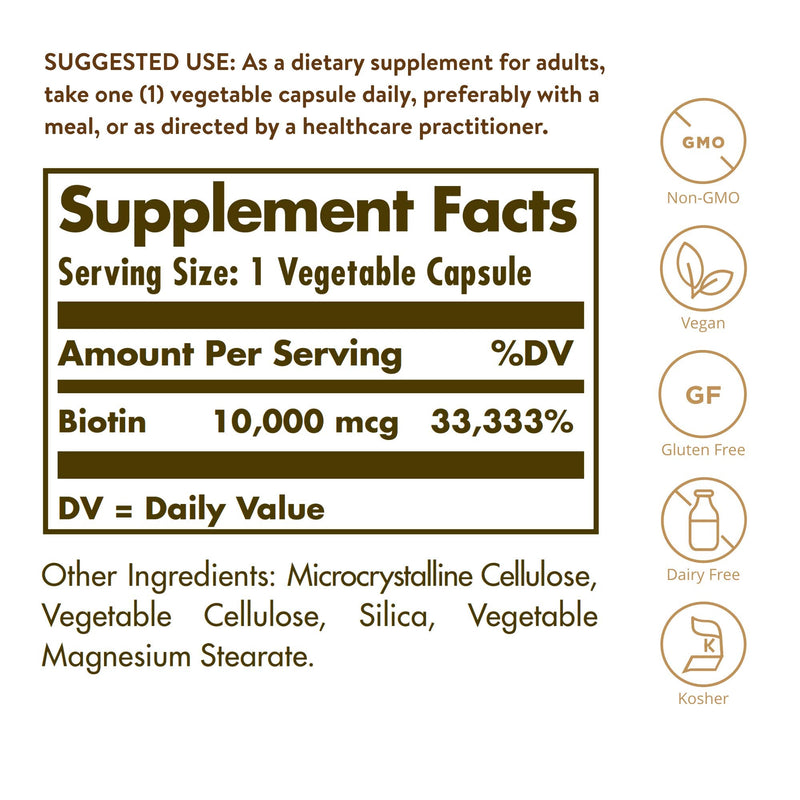 Solgar Biotin 10,000 mcg, 60 Vegetable Capsules - Non-GMO, Gluten Free | Energy, Metabolism, Promotes Healthy Skin, Nails & Hair - Super High Potency - Vegan, Dairy Free, Kosher - 60 Servings 60 Count (Pack of 1)