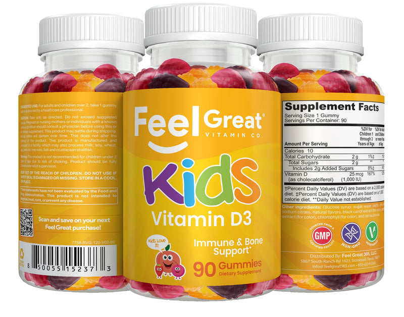 Feel Great Kids Vitamin D3 1000 IU Gummies, Bone & Immune Support, 90ct | Vitamin D3 for Immune & Bone Support, Citrus Flavor, Vegetarian Gummy, Year-Round Sunshine Nutrient Kids Vitamin D 90