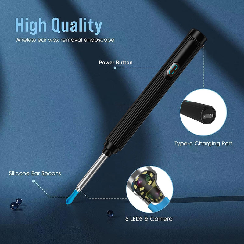 Ear Wax Removal Tool Camera, Wireless Ear Cleaner with 1080P Otoscope & LED Light, Visual Earwax Removal Kit with Soft Silicone Tips, Ear Camera for iOS & Android (Black) Black - BeesActive Australia
