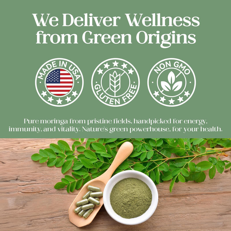 Moringa Pure Capsules 800mg Supplment, Supports Energy, Skin & Gut Health, Non-GMO & Gluten Free, Made in USA - 60 Vegan Capsules
