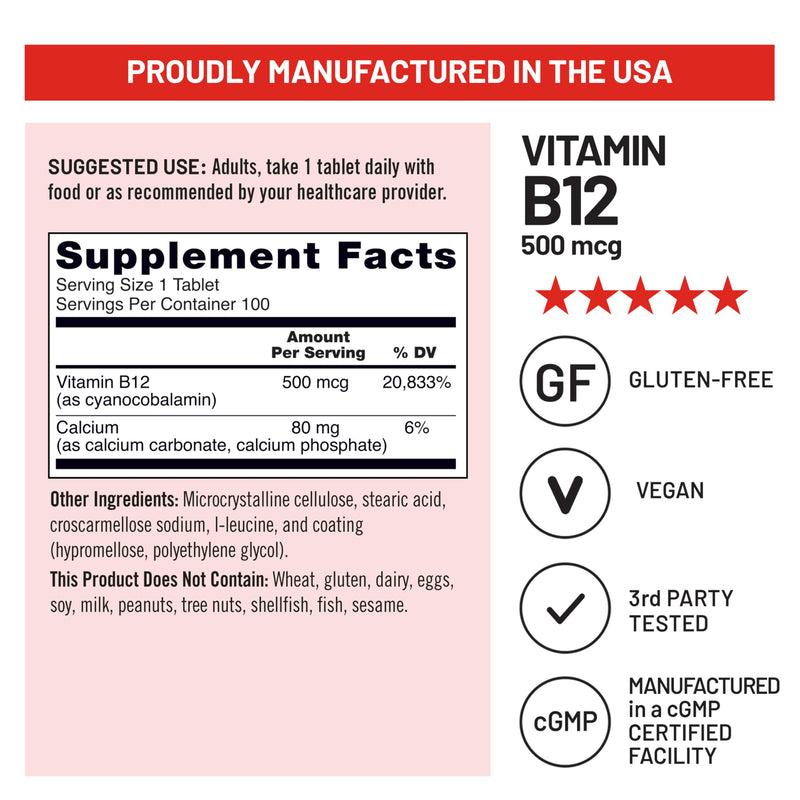 NatureWise Vitamin B12 500 mcg - B12 Supplement for Energy + Mental Clarity & Nervous System Support - Easy-to-Swallow, Vegan & Non-GMO - USA Manufactured - 100 Tablets[100-Day Supply]