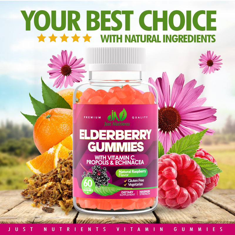 Elderberry Gummies with Vitamin C, Echinacea, Propolis (60 count) | Immune Support for Adults & Kids - Maximum Strength, Great Tasting Raspberry Flavor - Gluten-Free, Vegan 60 Count (Pack of 1)