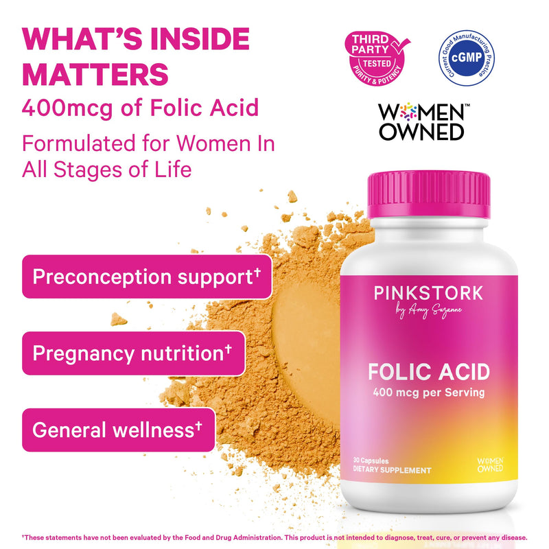 Pink Stork Folic Acid Supplement for Women – 400mcg, Daily Vitamin B9 for Prenatal & Fertility Support, Supports Red Blood Cell Formation & Energy – 30 Vegetarian Capsules - BeesActive Australia