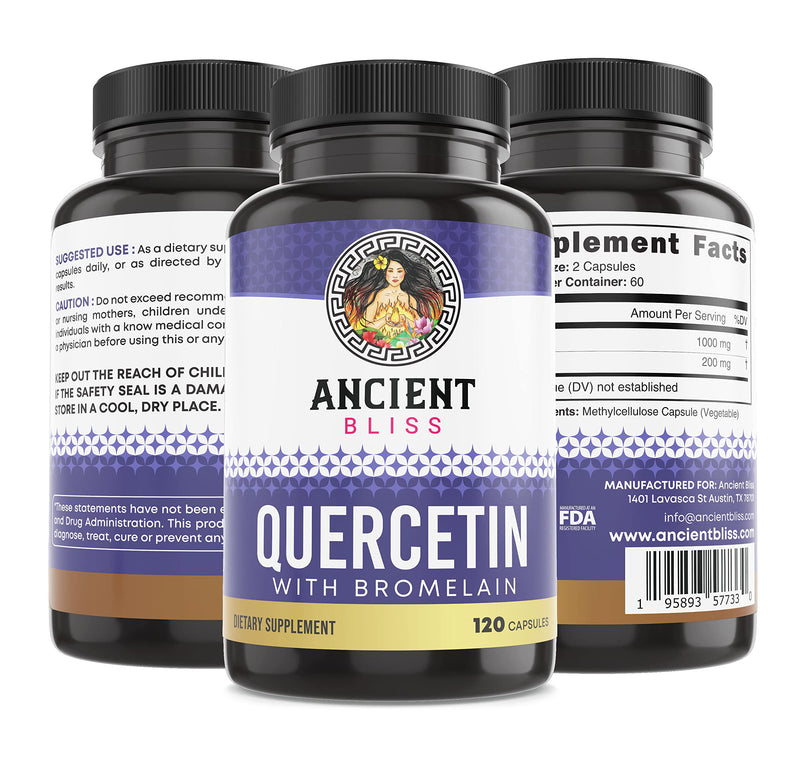 Ancient Bliss Quercetin with Bromelain | Quercetin 1000mg Bromelain 200mg per Serving | Supports Immune System, Joint Health, Respiratory Health & Overall Well-being – 120 Capsules 120 Count (Pack of 1) - BeesActive Australia
