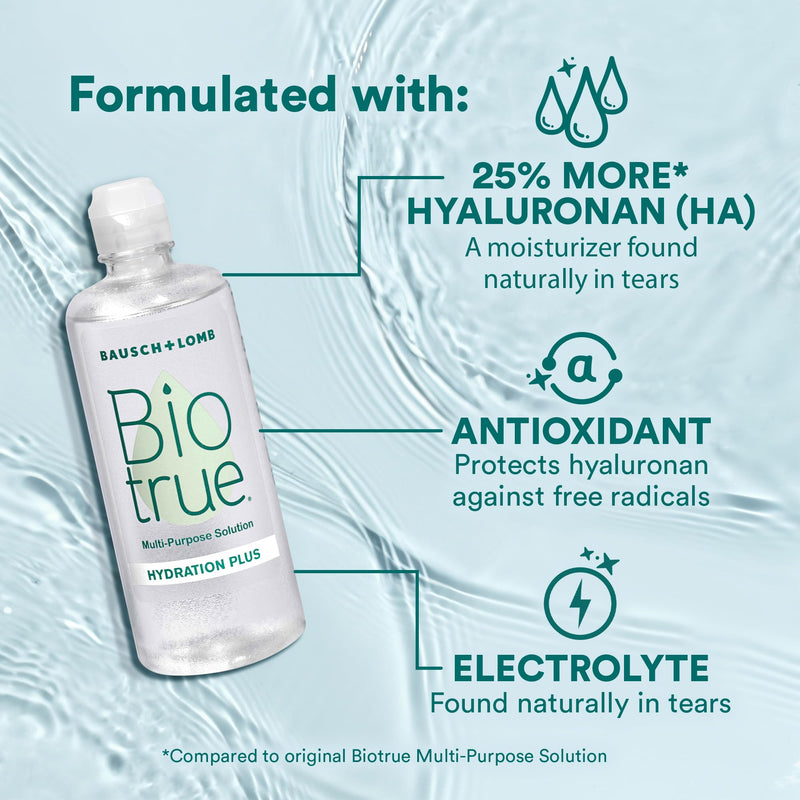 Biotrue Hydration Plus Contact Lens Solution with Lens Case, Multi-Purpose Solution for Soft Lenses, Hydrates with Hyaluronan, Cleans, Clears, and Disinfects for All-Day Comfort, 10 Fl Oz (Pack of 1) 10 Fl Oz (Pack of 1)