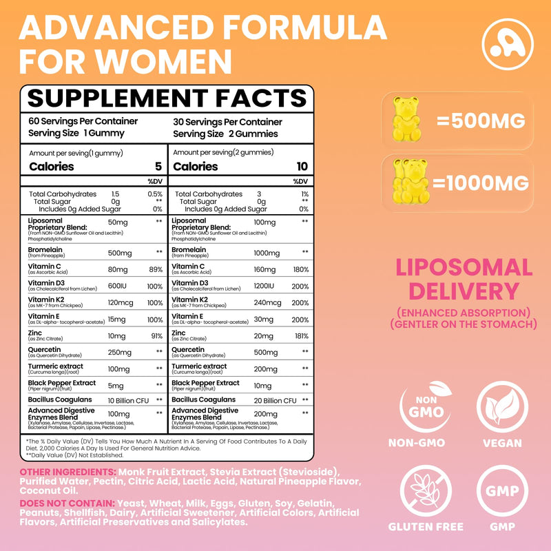 Liposomal Bromelain with Quercetin Gummies, 1000mg Bromelain Supplement | With Probiotics, Digestive Enzymes for Gut, Digestive & Immune Support for Women & Men, Sugar Free, Pineapple Flavor, 60 Ct
