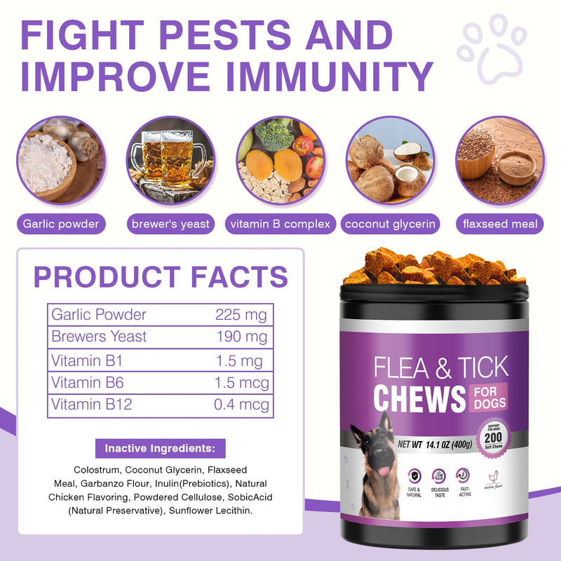 Dog Flea and Tick Chewable 200 Count Soft Chews Chicken Flavor Dog Flea Chewable Supports Skin Comfort and Daily Wellness for Dogs During Seasonal Changes Flea Chews for Dogs