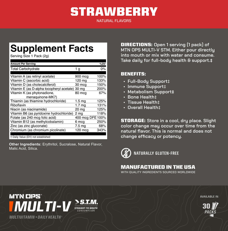 MTN OPS Multi-V STM On-the-Go Daily Multivitamin, 30 Servings | Straight-to-Mouth Multivitamin, Daily Vitamins, On-the-Go Nutrition, Travel Friendly Multi-Vitamins