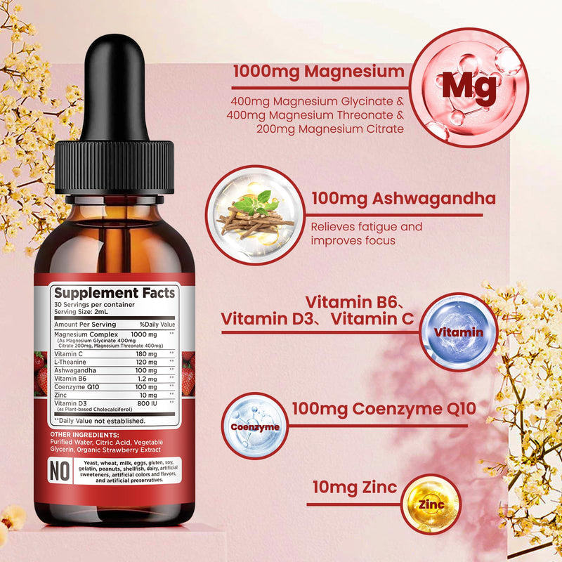 Triple Magnesium Complex Supplement, Magnesium Glycinate, Blend, Citrate Liquid Drops 1000mg with Ashwagandha, CoQ10, Vitamin B6, C, D, Zinc -Support Calm Stress Relief, Bone, Muscle, Mood Vegan Strawberry 2 Fl Oz (Pack of 1)