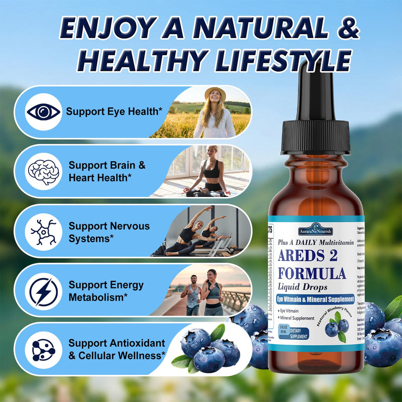 AREDS 2 + Formula Liquid Drops for Macular Health, 22-in-1 Eye Vitamin & Mineral Supplement w. Lutein and Zeaxanthin, Copper, Zinc, Vitamin C, E | Support Vision, Immune & Vitality | Vegan, Non-GMO Blueberry 2 Fl Oz (Pack of 1)