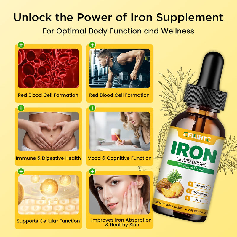 Liquid Iron Supplement for Women Men & Kids Multivitamin Iron Drops with Folate, Vitamin C, B6, B12, Zinc for Anemia, Iron Deficiency, Blood Builder, Energy - Natural Pineapple Flavor, Vegan 2 Fl Oz 2 Fl Oz (Pack of 1)