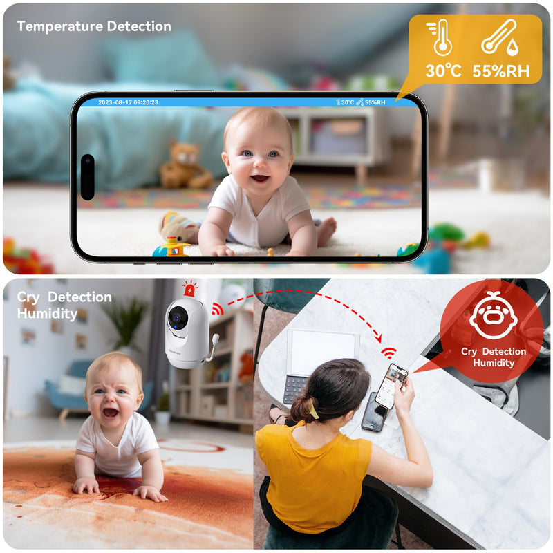 BondFree Baby Monitor with Camera and Audio, 2K Smart Baby Monitor with App,Temperature& Humidity,2-Way Talk,Night Vision,14 Lullabies,Cry & Motion Detection,4X Zoom-2.4Ghz WIFI Baby Monitor - BeesActive Australia