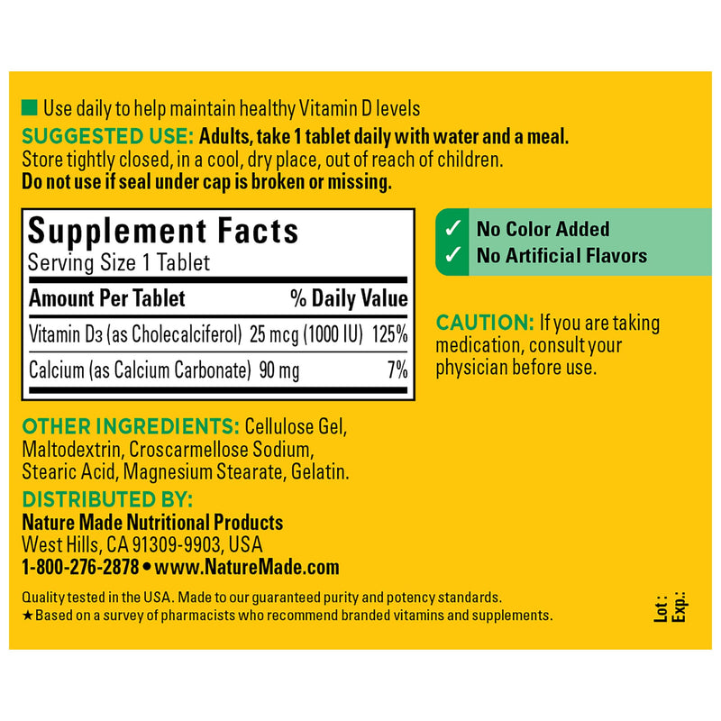 Nature Made Vitamin D3 1000 IU (25 mcg), Dietary Supplement for Bone, Teeth, Muscle and Immune Health Support, 300 Tablets, 300 Day Supply 300 Count (Pack of 1) - BeesActive Australia