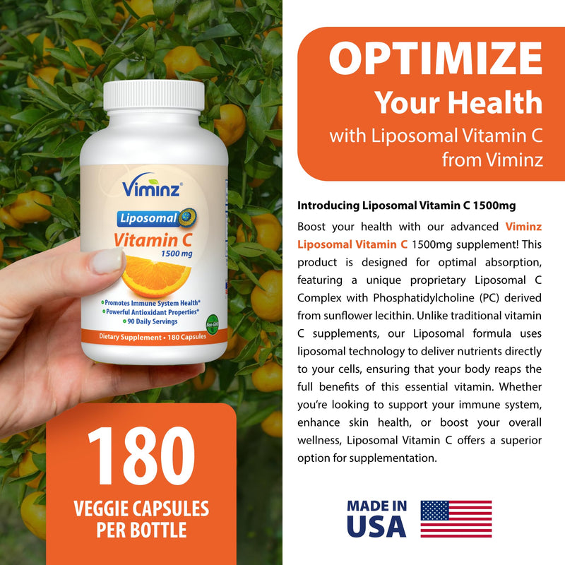Liposomal Vitamin C 1500mg – 180 Capsules – Made in USA – High Absorption Immune & Collagen Support – Bioavailable Antioxidant Formula – Non-GMO, Gluten Free & Soy Free