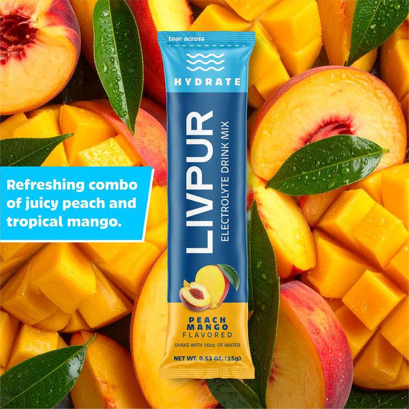 LivPur Electrolyte Drink Mix, Instant Hydration Powder with Vitamin C, B6, B12 & Essential Amino Acids for Muscle Support & Immune Health, Sports Essentials, Peach Mango Flavor, 15 Stick Packs - BeesActive Australia