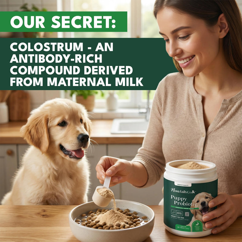 Puppy Probiotic Powder for Digestive Health & Diarrhea Relief, Gut Health Supplement with Prebiotics & Colostrum, Relieves Itchy Skin & Supports Immune System, Chicken Flavor, 14oz | NovaTails Co.
