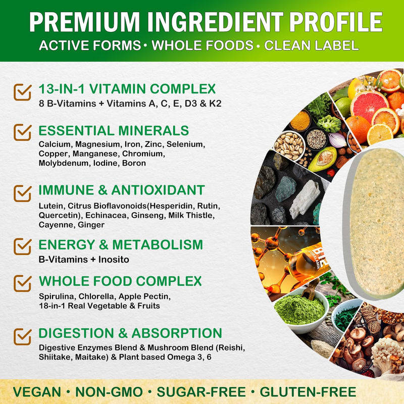 Vegan Whole Food Multivitamins with Iron, 90 Tablets | Daily Multivitamin for Men and Women, Methylated Vitamins, B-Complex, Fruits & Vegetables, Enzymes, Omegas, Mushroom, Non-GMO 90 Count (Pack of 1)