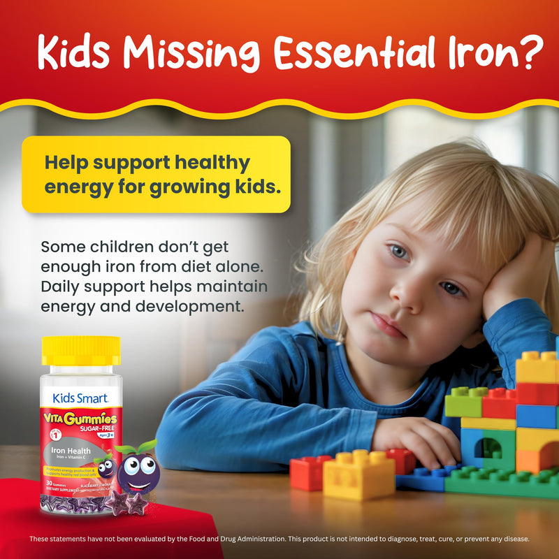 Kids Smart Iron Health Gummies, Iron + Vitamin C, Energy & Immune, Kids 3+ | Iron + Vitamin C, Sugar-Free Vegan Gummy Vitamins, Gluten-Free, Non-GMO, Supports Energy, Immunity & Iron Absorption, 30 Ct