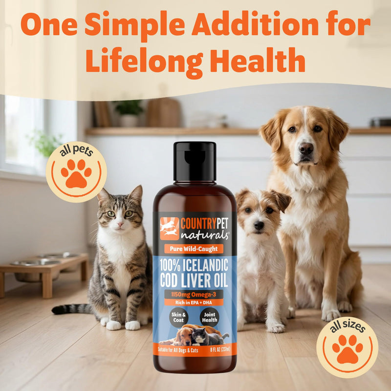Wild-Caught Pure Icelandic Cod Liver Oil for Dogs & Cats 8oz, Single-Ingredient, 1150 mg Omega-3, High EPA/DHA, Natural Vits A&D, Supports Healthy Skin, Coat & Mobility, 8oz bottle 8 oz